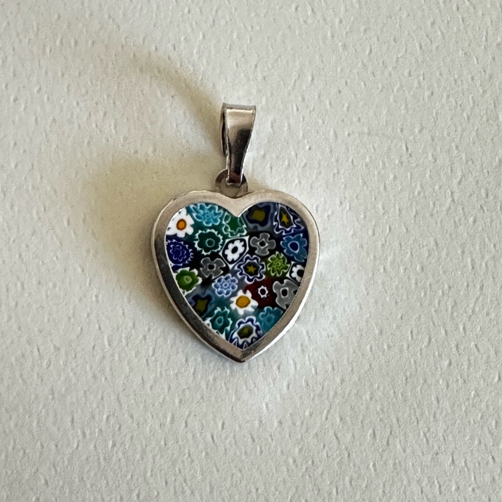 Millefiori Glass Heart Set in a Sterling Silver Frame Pendant